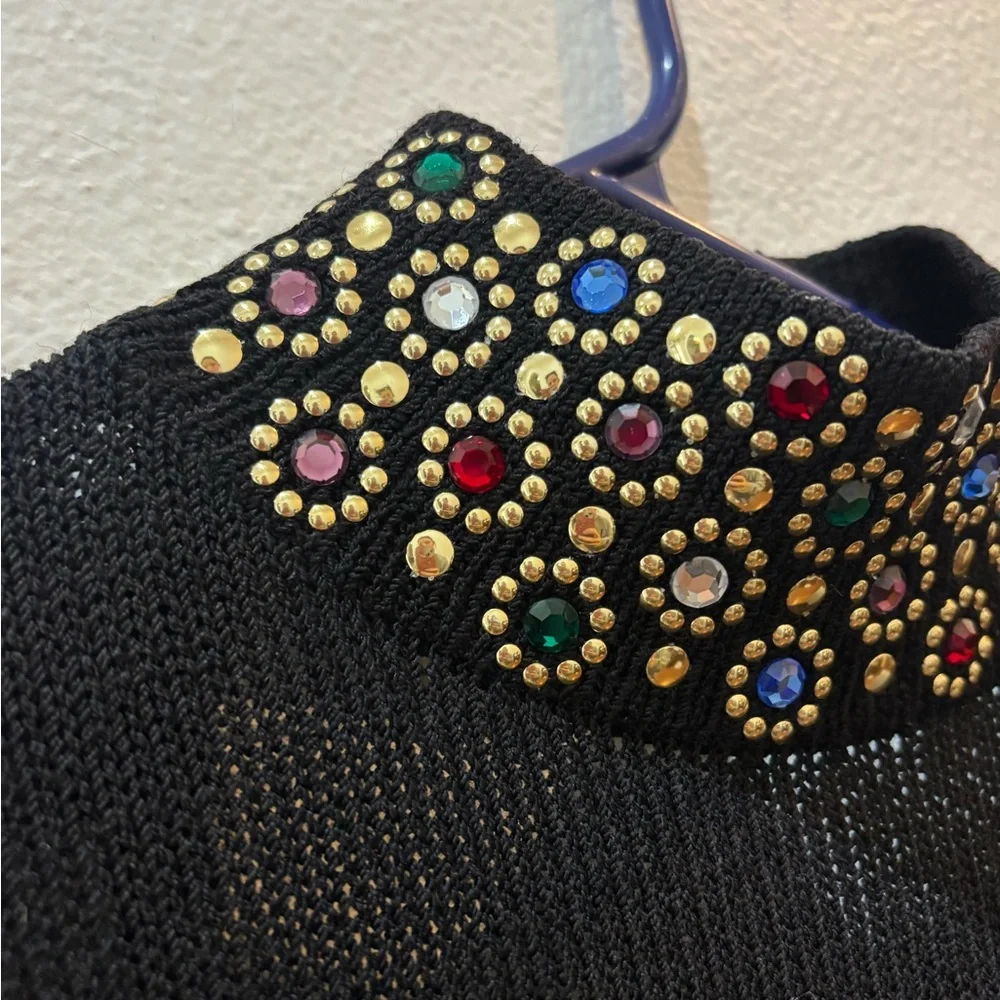 Vintage St.John Santana Knit Black Embellished Dress Jeweled Collar Size 4 - Picture 2 of 16